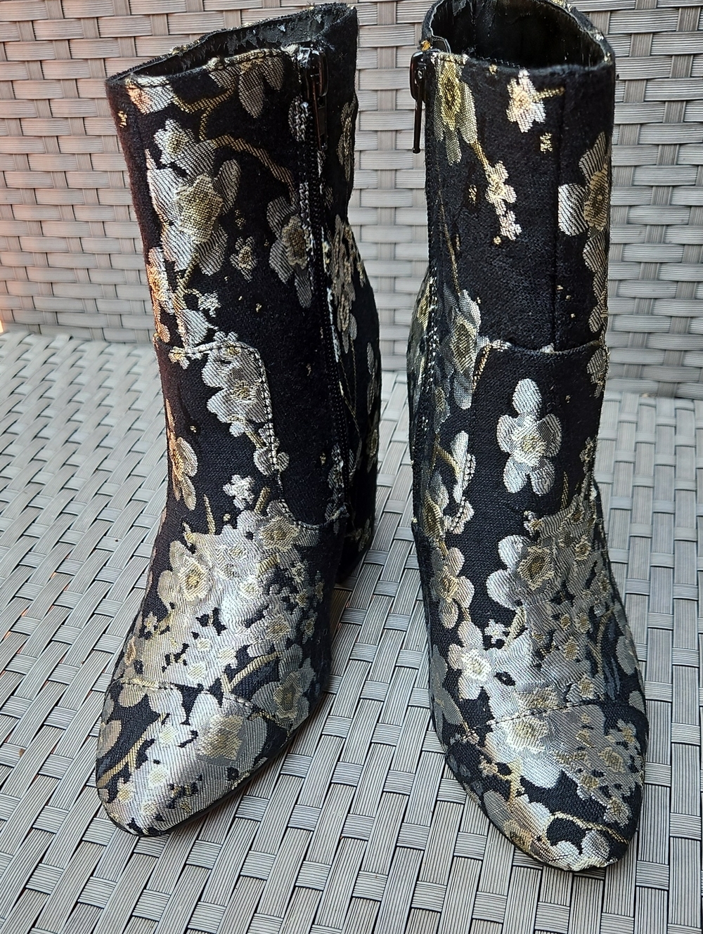 Indigo Black and Gold Floral Brocade Ankle Boots